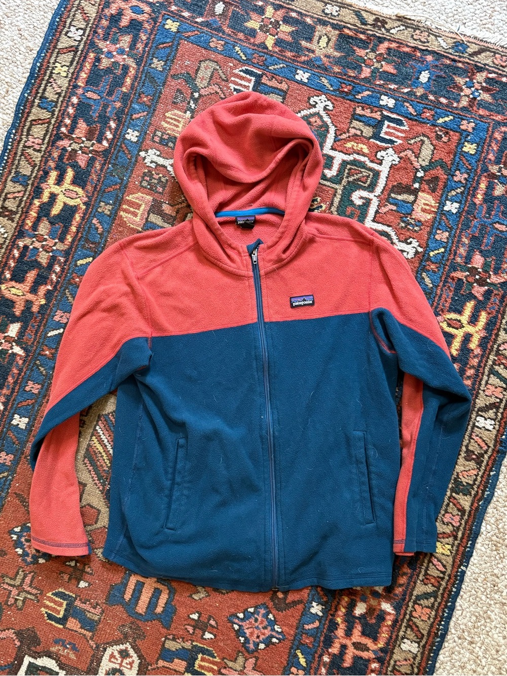 Patagonia Kids Colorblock Hooded Puffer Jacket - Rust & Teal size M